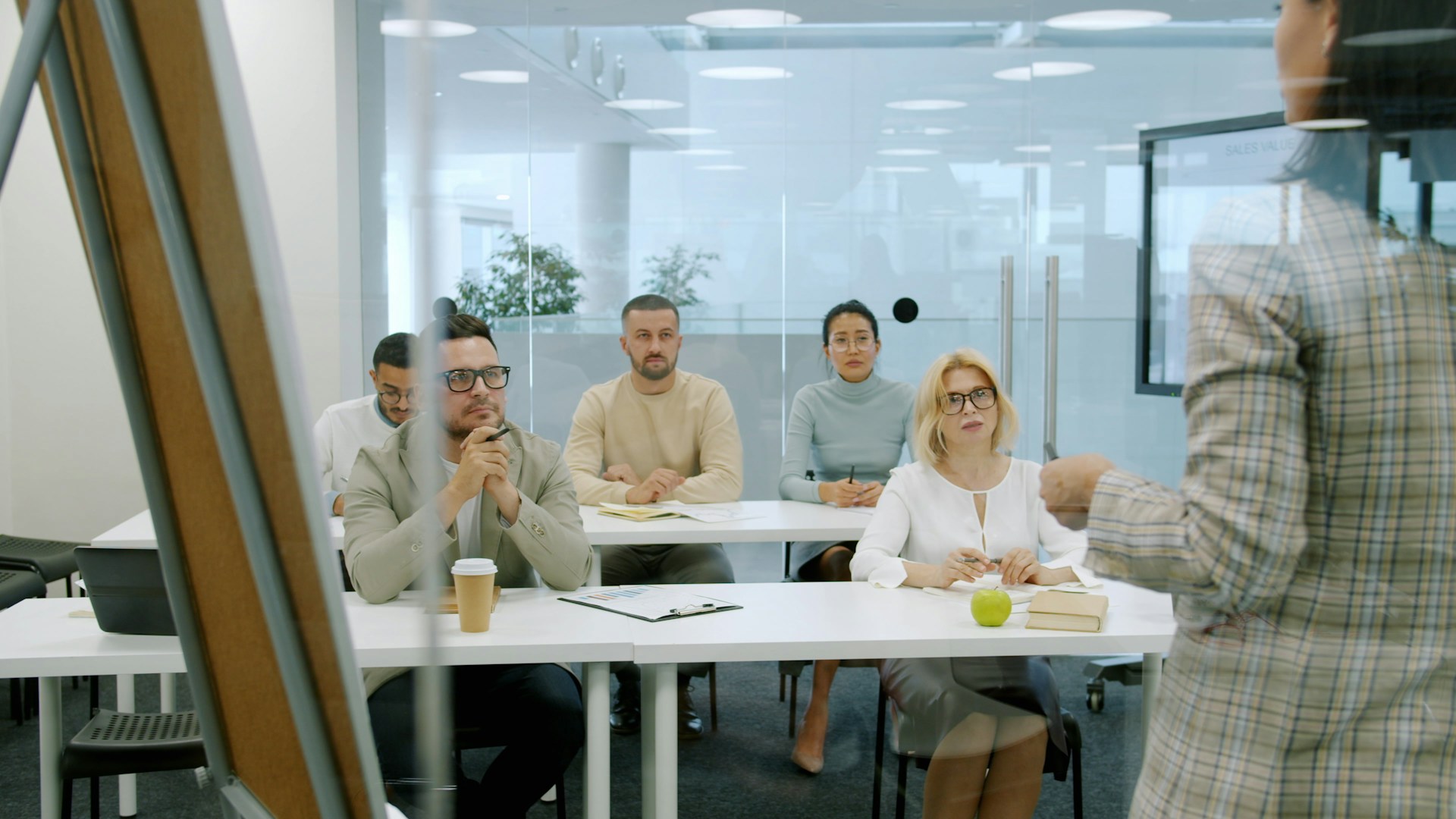 Modern office desks arranged in an open workspace.